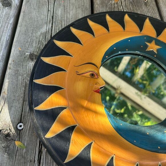 Vintage Handcrafted Sun and Moon Celestial Wall Mirror 13" - Picture 5 of 16